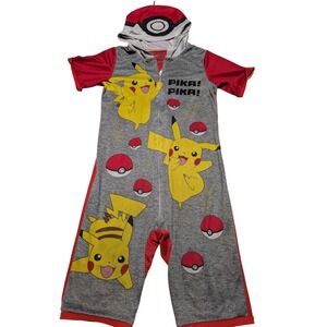 Pokemon Pikachu Hooded Union Suit Romper Boys Small Gray Red Pika Pika Pajamas